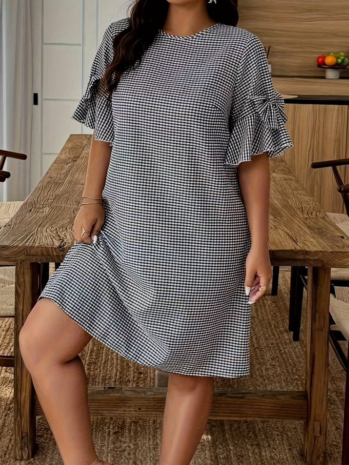 jkthpu-45 Plus Size, Women's Plaid Bow-Decorated Short-Sleeve Elegant Midi Dress, Chic Dress, Spring Outerwear, Autumn Attire, Quality Craftsmanship, Nontransparent Fabric