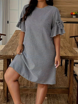 jkthpu-45 Plus Size, Women's Plaid Bow-Decorated Short-Sleeve Elegant Midi Dress, Chic Dress, Spring Outerwear, Autumn Attire, Quality Craftsmanship, Nontransparent Fabric