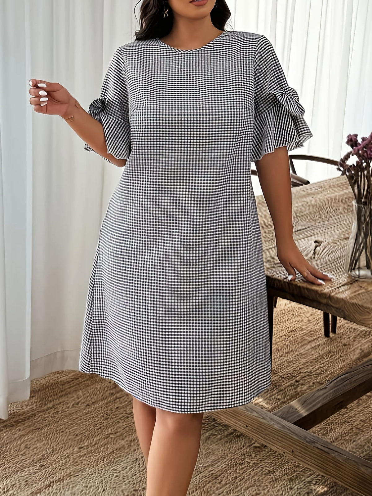 jkthpu-45 Plus Size, Women's Plaid Bow-Decorated Short-Sleeve Elegant Midi Dress, Chic Dress, Spring Outerwear, Autumn Attire, Quality Craftsmanship, Nontransparent Fabric