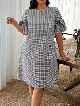 jkthpu-45 Plus Size, Women's Plaid Bow-Decorated Short-Sleeve Elegant Midi Dress, Chic Dress, Spring Outerwear, Autumn Attire, Quality Craftsmanship, Nontransparent Fabric