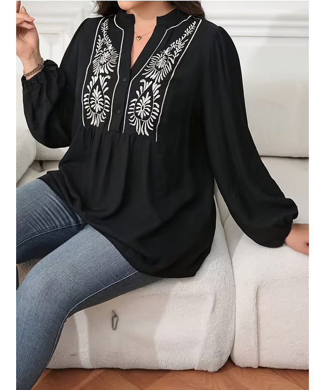 KissICON Plus Size, Women's Plus Size Black and White Contrast Embroidery Hollow Out Shirt - Lantern Sleeve Top for Women