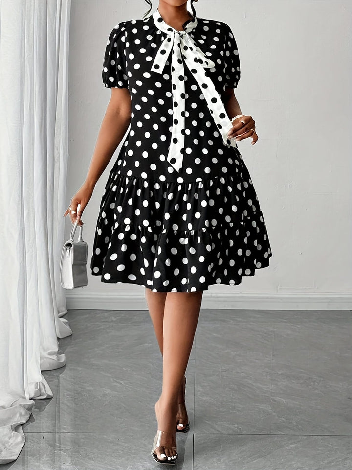 Plus Size, Women's Plus Size Black and White Polka Dot A-Line Dress - Flared skirt, Tie-Waist Belt, Non-Stretchy Fabric for Everyday & Formal Events - Elegant Party, Office, Wedding Outfit, Summer Fashion, Collar with Tie, Pullover Style, Office Wear, Mac