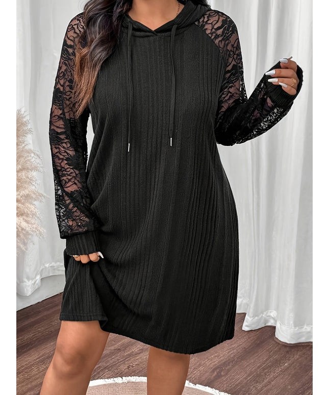 jkthpu-45 Plus Size - Women'S Plus Size Black Hooded Dress with Lace Sleeves - Ribbed, Long Sleeve, Mid-Length, Casual Style for Fall/Winter, Casual Winter Wear | Hooded Dress | Construction, Plus Size Dress