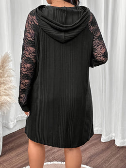 jkthpu-45 Plus Size - Women'S Plus Size Black Hooded Dress with Lace Sleeves - Ribbed, Long Sleeve, Mid-Length, Casual Style for Fall/Winter, Casual Winter Wear | Hooded Dress | Construction, Plus Size Dress