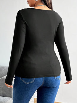 jkthpu-45 Plus Size, Women's Plus Size Black Long Sleeve T-Shirt - Elegant Lace Contrast Top, Stretchy Non-See-Through Blouse for Formal & Everyday Outfits - Machine Washable Women's Clothing Gift, Stylish Blouse, Deep Vneck Design, Breathable Fabric, Fashionable B