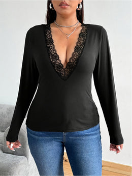 jkthpu-45 Plus Size, Women's Plus Size Black Long Sleeve T-Shirt - Elegant Lace Contrast Top, Stretchy Non-See-Through Blouse for Formal & Everyday Outfits - Machine Washable Women's Clothing Gift, Stylish Blouse, Deep Vneck Design, Breathable Fabric, Fashionable B