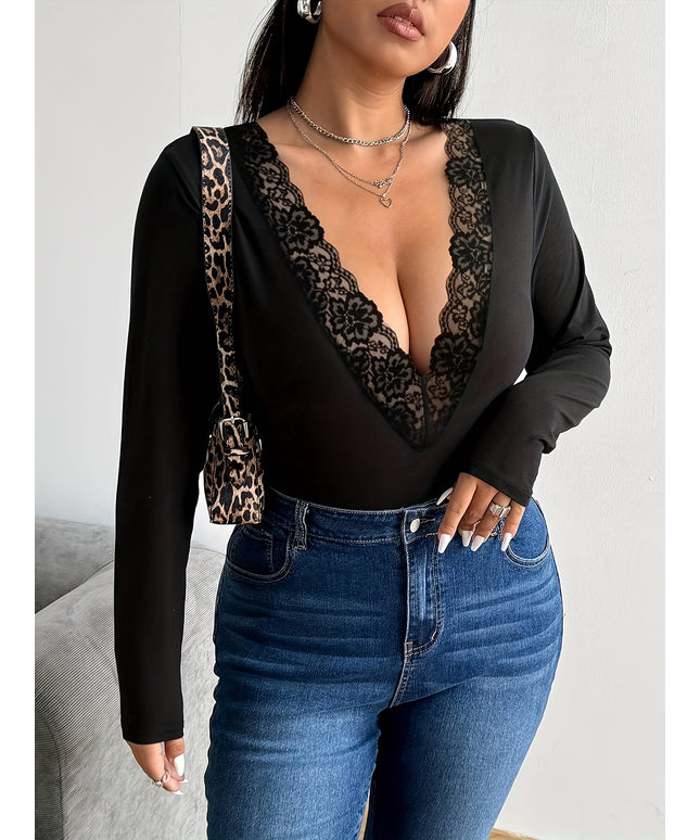 jkthpu-45 Plus Size, Women's Plus Size Black Long Sleeve T-Shirt - Elegant Lace Contrast Top, Stretchy Non-See-Through Blouse for Formal & Everyday Outfits - Machine Washable Women's Clothing Gift, Stylish Blouse, Deep Vneck Design, Breathable Fabric, Fashionable B