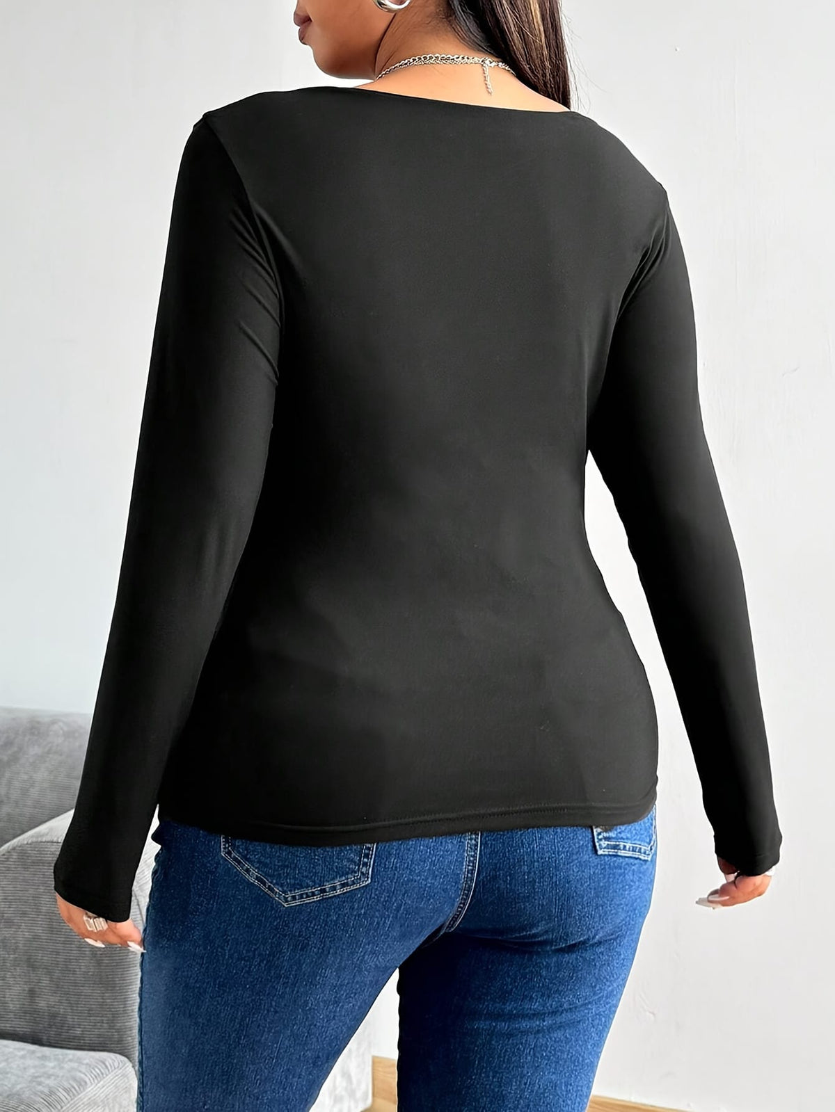 jkthpu-45 Plus Size, Women's Plus Size Black Long Sleeve T-Shirt - Elegant Lace Contrast Top, Stretchy Non-See-Through Blouse for Formal & Everyday Outfits - Machine Washable Women's Clothing Gift, Stylish Blouse, Deep Vneck Design, Breathable Fabric, Fashionable B