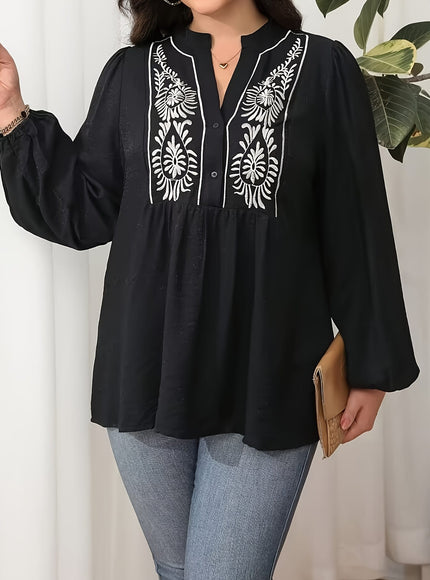 KissICON Plus Size, Women's Plus Size Blouse - Elegant Black & Floral-like Pattern, Loose Fit Maxi Shirt with Lantern Sleeves for Formal/Casual Events - Machine Washable Non-See-Through Blouse - Curvy Women's Tops, Versatile Top, Embr