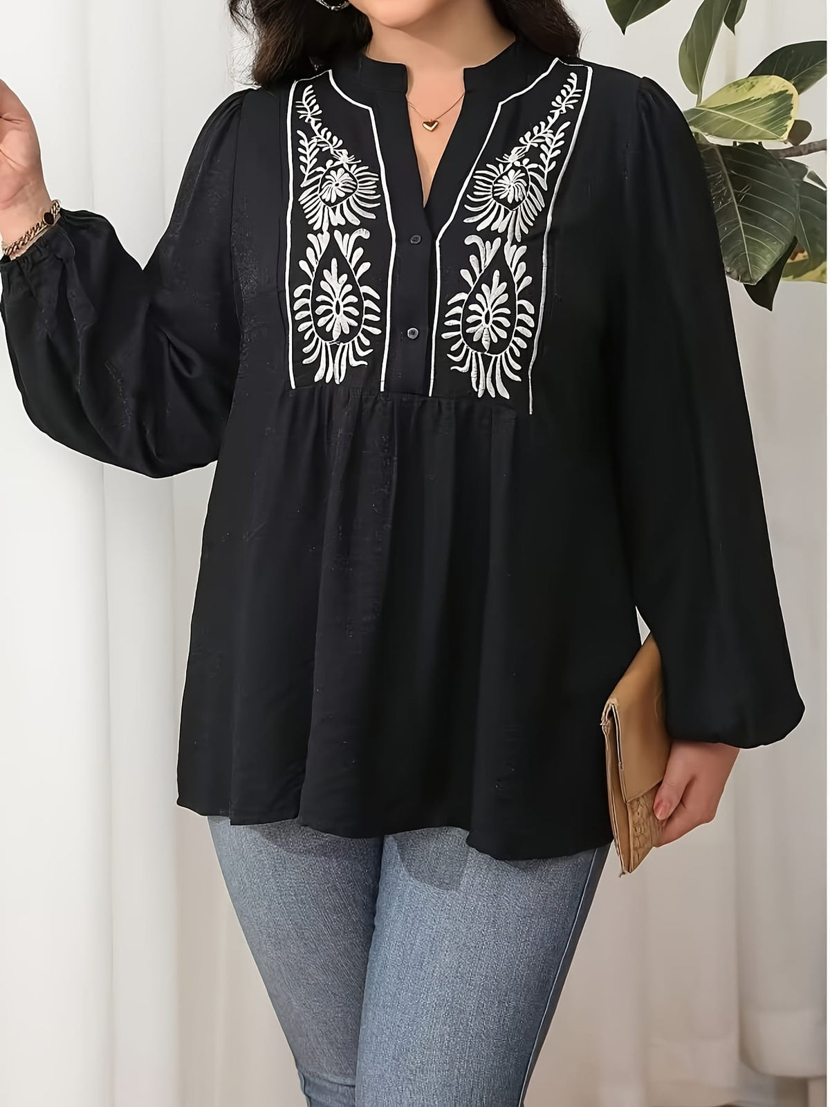 KissICON Plus Size, Women's Plus Size Blouse - Elegant Black & Floral-like Pattern, Loose Fit Maxi Shirt with Lantern Sleeves for Formal/Casual Events - Machine Washable Non-See-Through Blouse - Curvy Women's Tops, Versatile Top, Embr