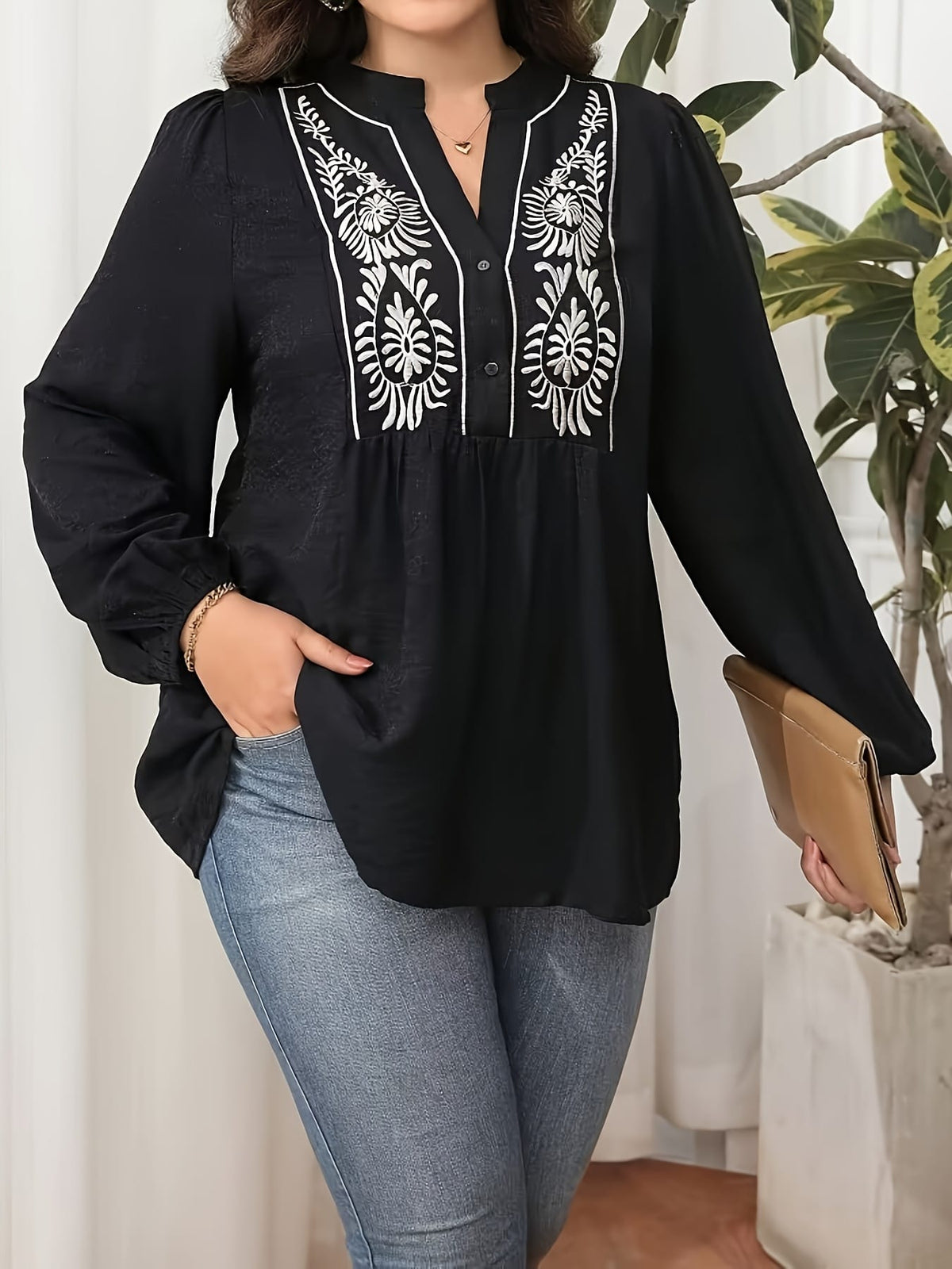 KissICON Plus Size, Women's Plus Size Blouse - Elegant Black & Floral-like Pattern, Loose Fit Maxi Shirt with Lantern Sleeves for Formal/Casual Events - Machine Washable Non-See-Through Blouse - Curvy Women's Tops, Versatile Top, Embr