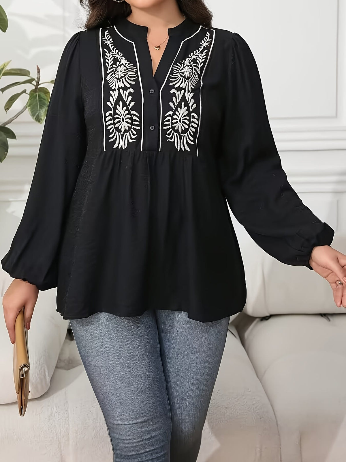 KissICON Plus Size, Women's Plus Size Blouse - Elegant Black & Floral-like Pattern, Loose Fit Maxi Shirt with Lantern Sleeves for Formal/Casual Events - Machine Washable Non-See-Through Blouse - Curvy Women's Tops, Versatile Top, Embr