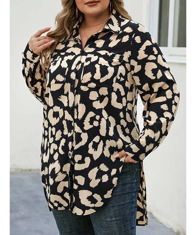 KissICON Plus Size, Women's Plus Size Blouse - Long Sleeve Button-up Shirt with Classic Collar, Black & Beige Animal Print for Fall/Spring - Office, Party, Everyday Chic Outfits - Machine Washable Non-See-Through Fabric