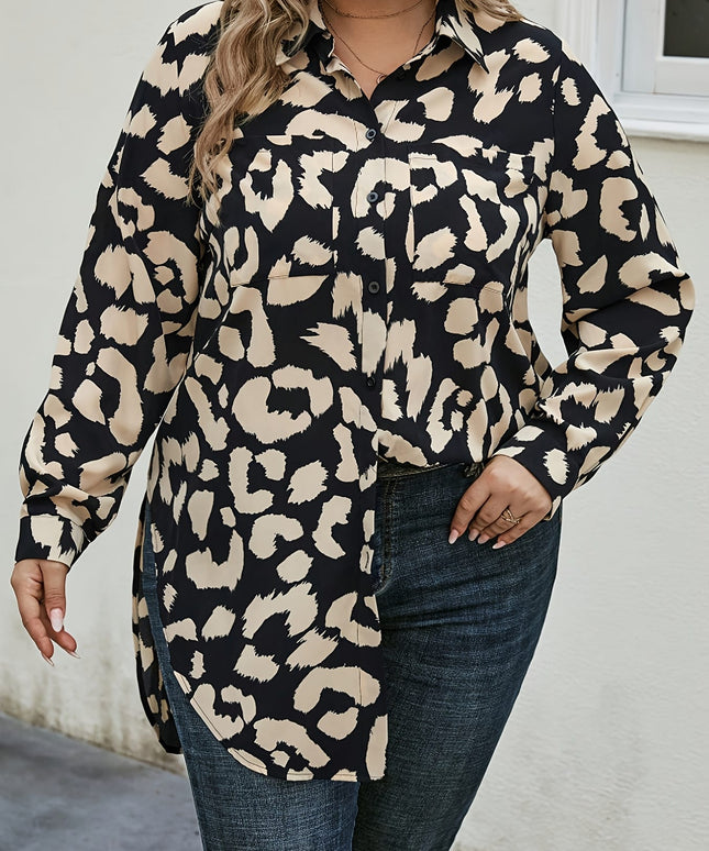 KissICON Plus Size, Women's Plus Size Blouse - Long Sleeve Button-up Shirt with Classic Collar, Black & Beige Animal Print for Fall/Spring - Office, Party, Everyday Chic Outfits - Machine Washable Non-See-Through Fabric