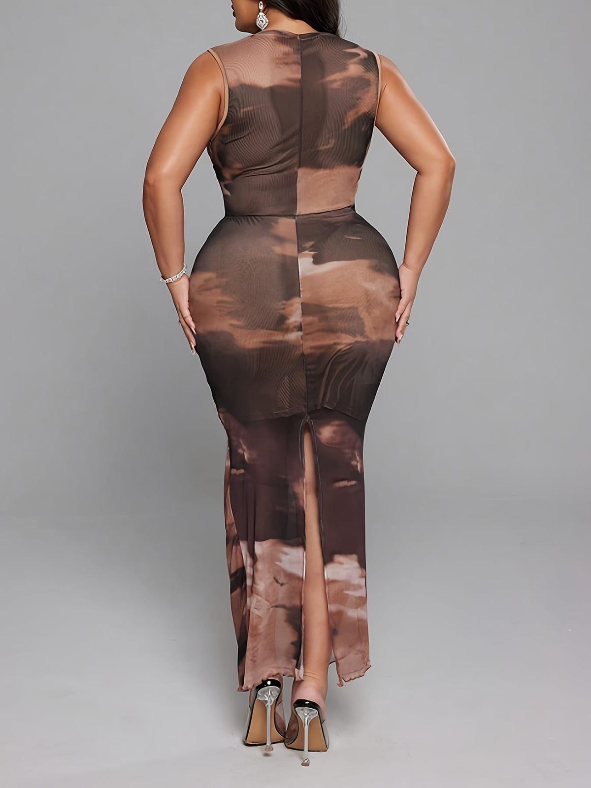 jkthpu-45 Plus Size, Women's Plus Size Bodycon Maxi Dress - Elegant Brownish-red to beige ombre, Flowy Formal & Casual Party Dresses for Women - Hand Washable Everyday & Special Occasion Gown, Seasonal Fashion, Geometric Pattern, Medium Stretch Fabric
