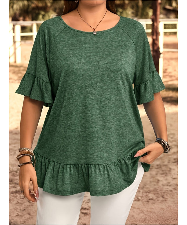 KissICON Plus Size, Women's Plus Size Bohemian Chic Short Sleeve T-Shirt - Ruffled Sleeve & Hem, Stretchy Round Neck Casual Top, Solid Blue Spring/Summer Machine Washable Elegant Resort Style Tee