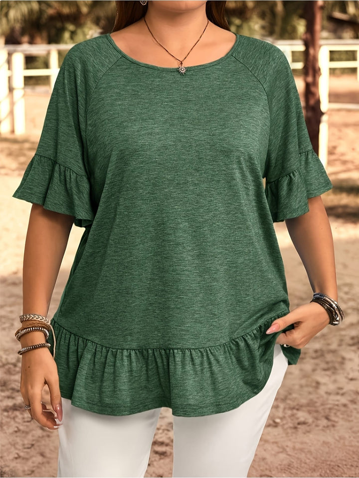 Plus Size, Women's Plus Size Bohemian Chic Short Sleeve T-Shirt - Ruffled Sleeve & Hem, Stretchy Round Neck Casual Top, Solid Blue Spring/Summer Machine Washable Elegant Resort Style Tee