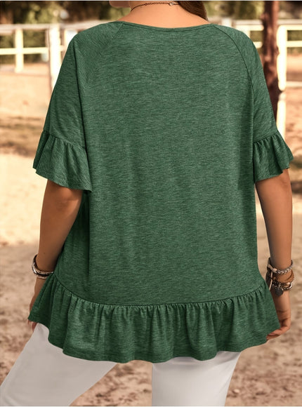 KissICON Plus Size, Women's Plus Size Bohemian Chic Short Sleeve T-Shirt - Ruffled Sleeve & Hem, Stretchy Round Neck Casual Top, Solid Blue Spring/Summer Machine Washable Elegant Resort Style Tee
