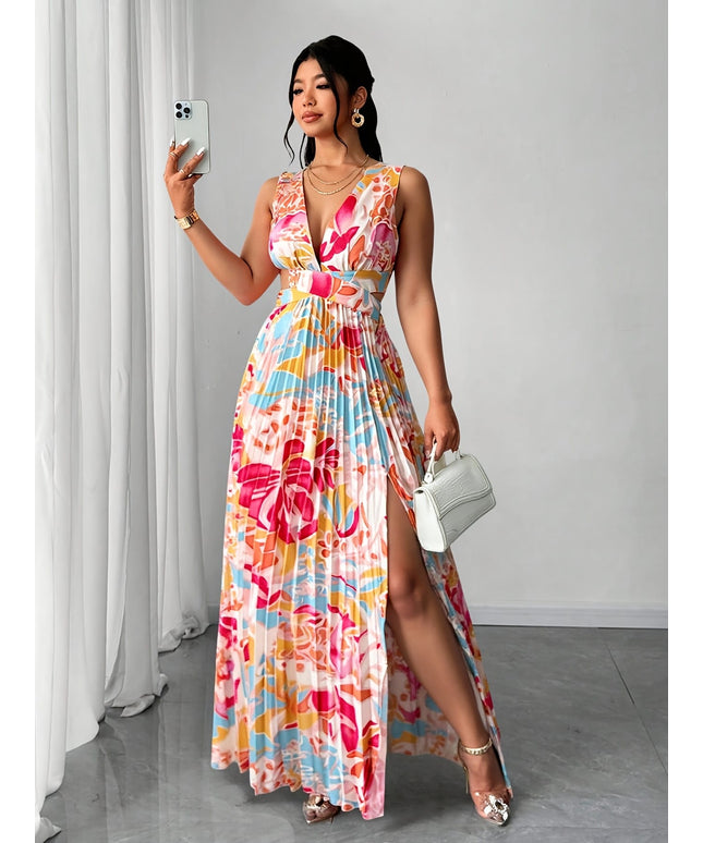 jkthpu-45 Plus Size, Women's Plus Size Bohemian Floral Print maxi Dress - Flowy V-Neck Beach Party Dress in Pink/Blue/Orange/Red/, Machine Washable Formal & Vacation Outfit for Women, Beach Dresses