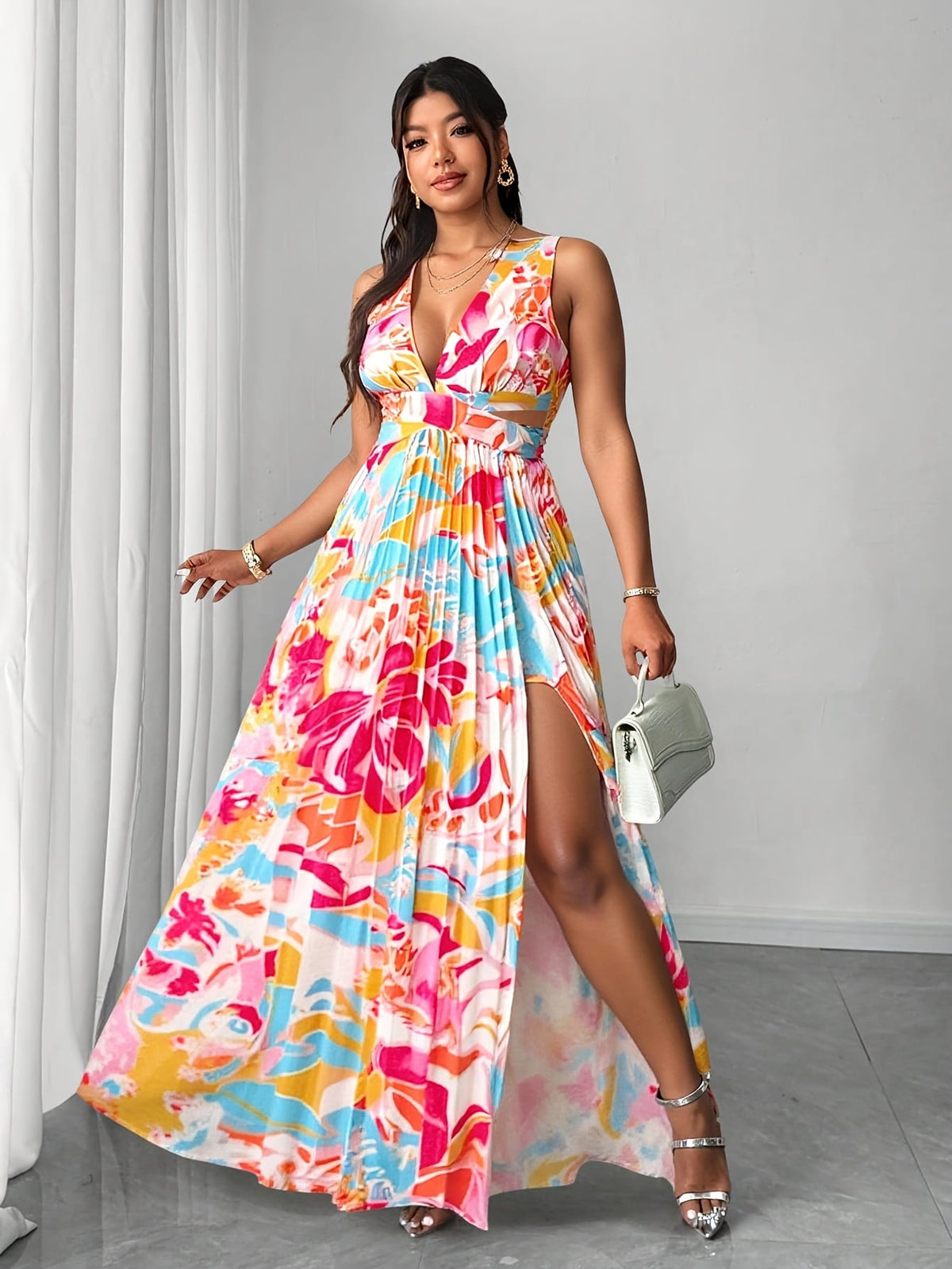 jkthpu-45 Plus Size, Women's Plus Size Bohemian Floral Print maxi Dress - Flowy V-Neck Beach Party Dress in Pink/Blue/Orange/Red/, Machine Washable Formal & Vacation Outfit for Women, Beach Dresses
