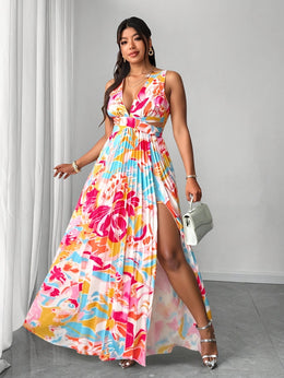 jkthpu-45 Plus Size, Women's Plus Size Bohemian Floral Print maxi Dress - Flowy V-Neck Beach Party Dress in Pink/Blue/Orange/Red/, Machine Washable Formal & Vacation Outfit for Women, Beach Dresses