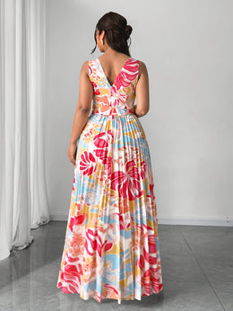 jkthpu-45 Plus Size, Women's Plus Size Bohemian Floral Print maxi Dress - Flowy V-Neck Beach Party Dress in Pink/Blue/Orange/Red/, Machine Washable Formal & Vacation Outfit for Women, Beach Dresses