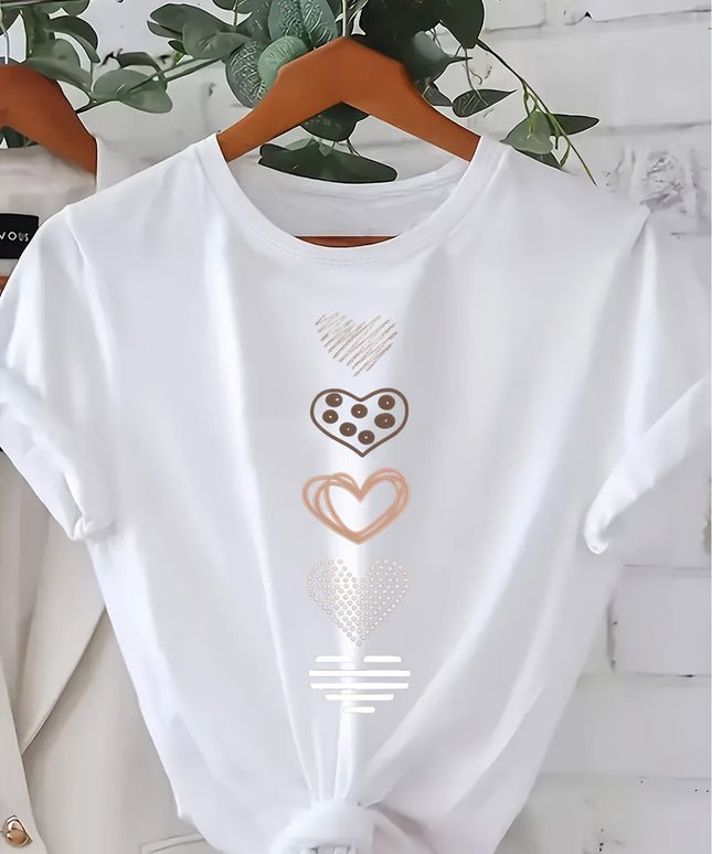 KissICON Plus Size, Women's Plus Size Casual T-Shirt - Stretchy Everyday Top with Heart Patterns (White/rose Golden/Print) - Machine Washable Round Neck Shirt for Women - Non-See-Through Fabric for Spring, Summer, Fall Outfits, Ladies