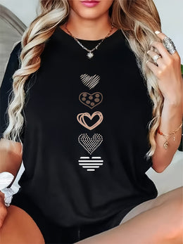 KissICON Plus Size, Women's Plus Size Casual T-Shirt - Stretchy Everyday Top with Heart Patterns (White/rose Golden/Print) - Machine Washable Round Neck Shirt for Women - Non-See-Through Fabric for Spring, Summer, Fall Outfits, Ladies