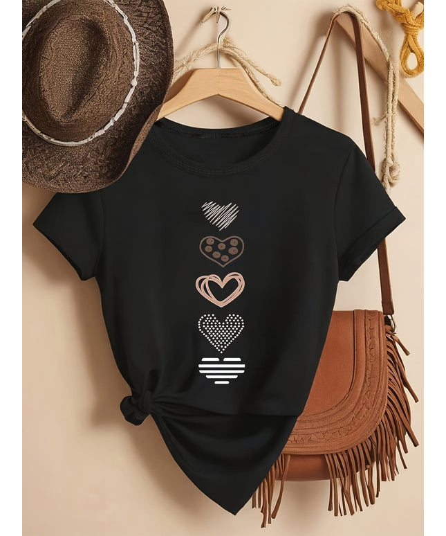 KissICON Plus Size, Women's Plus Size Casual T-Shirt - Stretchy Everyday Top with Heart Patterns (White/rose Golden/Print) - Machine Washable Round Neck Shirt for Women - Non-See-Through Fabric for Spring, Summer, Fall Outfits, Ladies