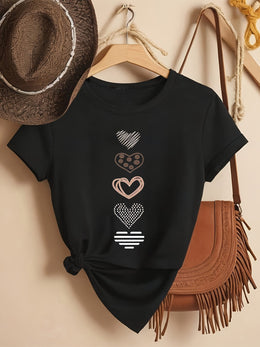 KissICON Plus Size, Women's Plus Size Casual T-Shirt - Stretchy Everyday Top with Heart Patterns (White/rose Golden/Print) - Machine Washable Round Neck Shirt for Women - Non-See-Through Fabric for Spring, Summer, Fall Outfits, Ladies