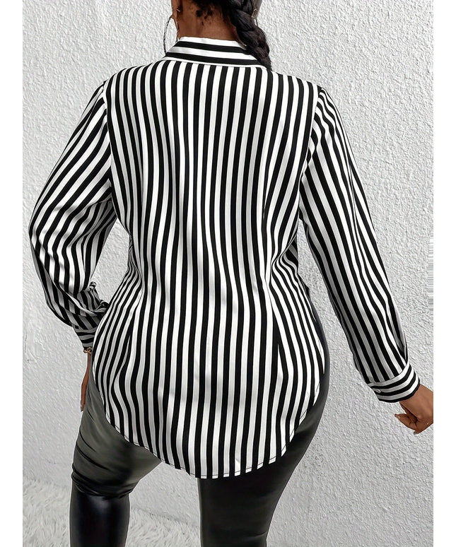 KissICON Plus Size - Women'S Plus Size Classic Striped Button- Shirt with Side Slit - Long Sleeve, Black & White Vertical Stripes, Casual Lapel Collar, Non-Stretch Fabric, Perfect for Spring/Summer/Fall Outings, Casual Wear | Classic
