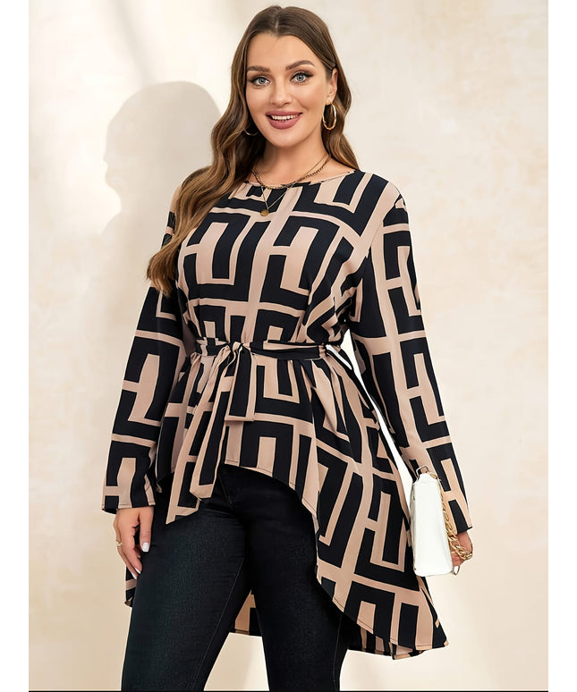 KissICON Plus Size, Women's Plus Size Elegant Asymmetrical Hem Blouse - Long Sleeve Round Neck Smock Top with Tie-Front Closure, All-Season Casual to Formal Wear, Beige & Black Abstract Print, Machine Washable (Brown/Beige/Black) - La