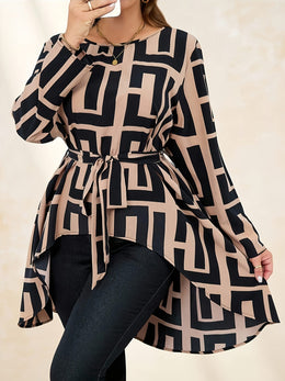 KissICON Plus Size, Women's Plus Size Elegant Asymmetrical Hem Blouse - Long Sleeve Round Neck Smock Top with Tie-Front Closure, All-Season Casual to Formal Wear, Beige & Black Abstract Print, Machine Washable (Brown/Beige/Black) - La
