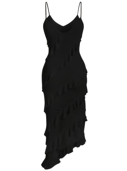 jkthpu-45 Plus Size, Women's Plus Size Elegant Asymmetrical Hem Sleeveless Boat Neck Mermaid/Trumpet Dress - Adjustable Strap Floor-Length Effect Midi Dress with Ruffled Hem & Smooth Texture, Machine Washable Solid Black Evening Gown for Parties, Prom, Casual & For