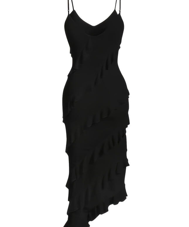 jkthpu-45 Plus Size, Women's Plus Size Elegant Asymmetrical Hem Sleeveless Boat Neck Mermaid/Trumpet Dress - Adjustable Strap Floor-Length Effect Midi Dress with Ruffled Hem & Smooth Texture, Machine Washable Solid Black Evening Gown for Parties, Prom, Casual & For
