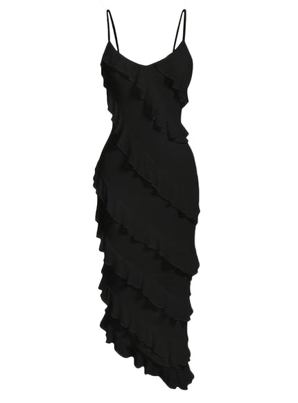 jkthpu-45 Plus Size, Women's Plus Size Elegant Asymmetrical Hem Sleeveless Boat Neck Mermaid/Trumpet Dress - Adjustable Strap Floor-Length Effect Midi Dress with Ruffled Hem & Smooth Texture, Machine Washable Solid Black Evening Gown for Parties, Prom, Casual & For