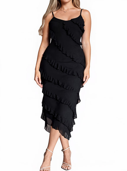 jkthpu-45 Plus Size, Women's Plus Size Elegant Asymmetrical Hem Sleeveless Boat Neck Mermaid/Trumpet Dress - Adjustable Strap Floor-Length Effect Midi Dress with Ruffled Hem & Smooth Texture, Machine Washable Solid Black Evening Gown for Parties, Prom, Casual & For