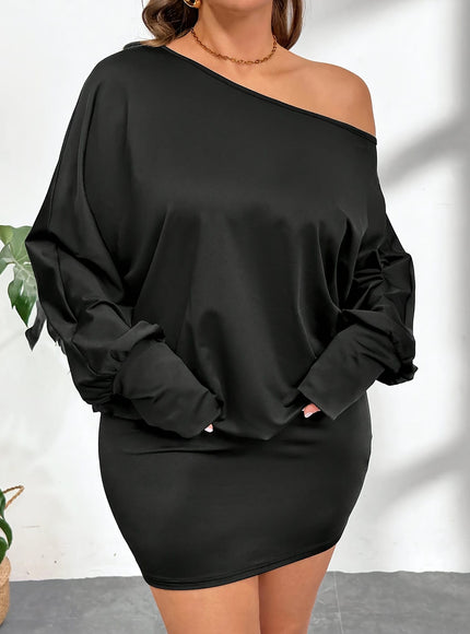 jkthpu-45 Plus Size, Women's Plus Size Elegant Asymmetrical One-Shoulder Boat Neck Mini Dress - Long Sleeve A-Line Party Evening Dress with Puffed Sleeve & Back Slit, Machine Washable Solid Black Formal & Semi-Formal Outfits, Fitted Silhouette with Asymmetrical Nec