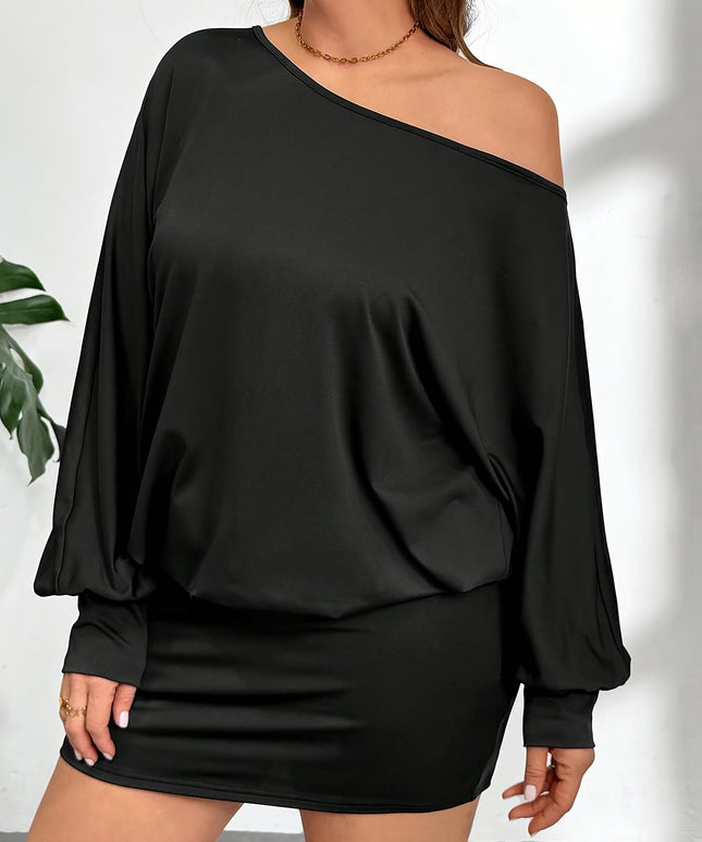 jkthpu-45 Plus Size, Women's Plus Size Elegant Asymmetrical One-Shoulder Boat Neck Mini Dress - Long Sleeve A-Line Party Evening Dress with Puffed Sleeve & Back Slit, Machine Washable Solid Black Formal & Semi-Formal Outfits, Fitted Silhouette with Asymmetrical Nec