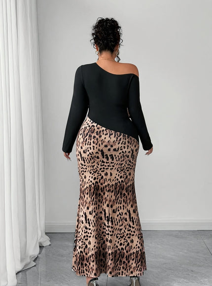 jkthpu-45 Plus Size, Women's Plus Size Elegant Asymmetrical one-Shoulder Dress - Long Formal Party Casual Outfit, Machine Washable Fall/Winter Leopard Print Maxi Dress for Women