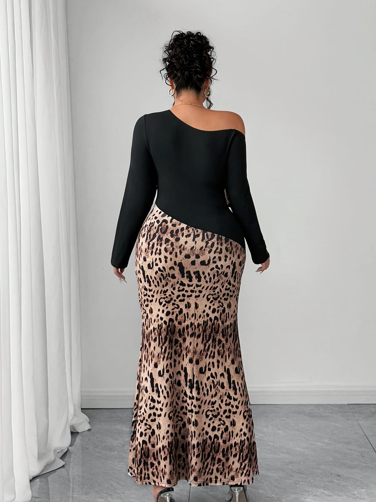 jkthpu-45 Plus Size, Women's Plus Size Elegant Asymmetrical one-Shoulder Dress - Long Formal Party Casual Outfit, Machine Washable Fall/Winter Leopard Print Maxi Dress for Women