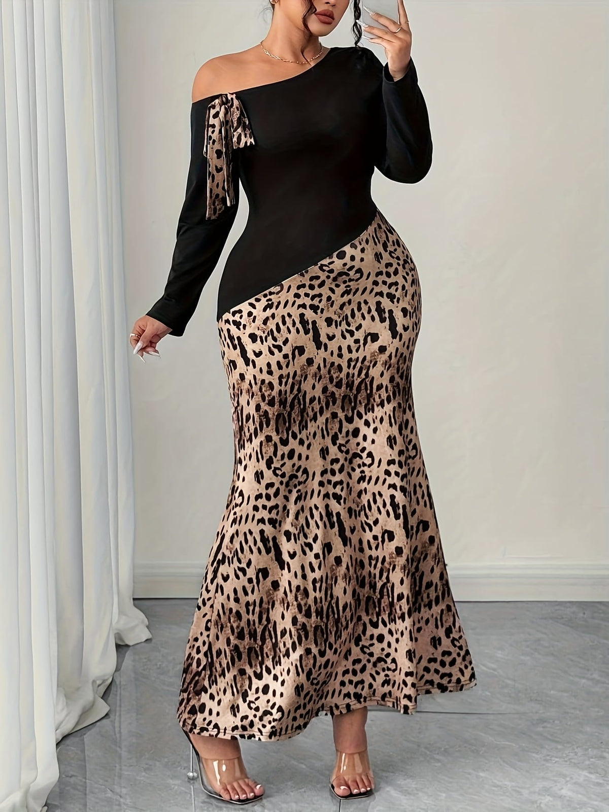 jkthpu-45 Plus Size, Women's Plus Size Elegant Asymmetrical one-Shoulder Dress - Long Formal Party Casual Outfit, Machine Washable Fall/Winter Leopard Print Maxi Dress for Women