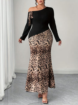 jkthpu-45 Plus Size, Women's Plus Size Elegant Asymmetrical one-Shoulder Dress - Long Formal Party Casual Outfit, Machine Washable Fall/Winter Leopard Print Maxi Dress for Women