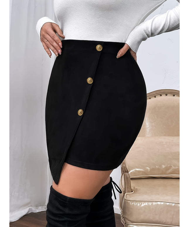 jkthpu-45 Plus Size - Women'S Plus Size Elegant Black Midi Skirt with Golden Button Details - Stretchy Polyester Blend, High-Waisted, Flared Hem, Machine Washable, All-Season Versatile Skirt, Versatile Fashion | Button Detail Skirt | Polyester Blend