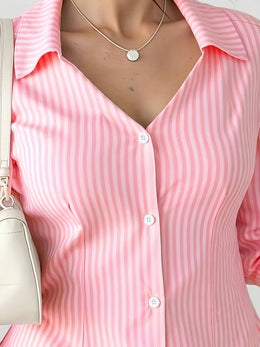 KissICON Plus Size, Women's Plus Size Elegant Blouse - Non-See-Through V-Neck Button-Front Shirt Blouse in Pink &, Office,, Travel - Machine Washable Formal & Everyday Women's Professional Attire, Office Wear, Classic Stripes, Durable