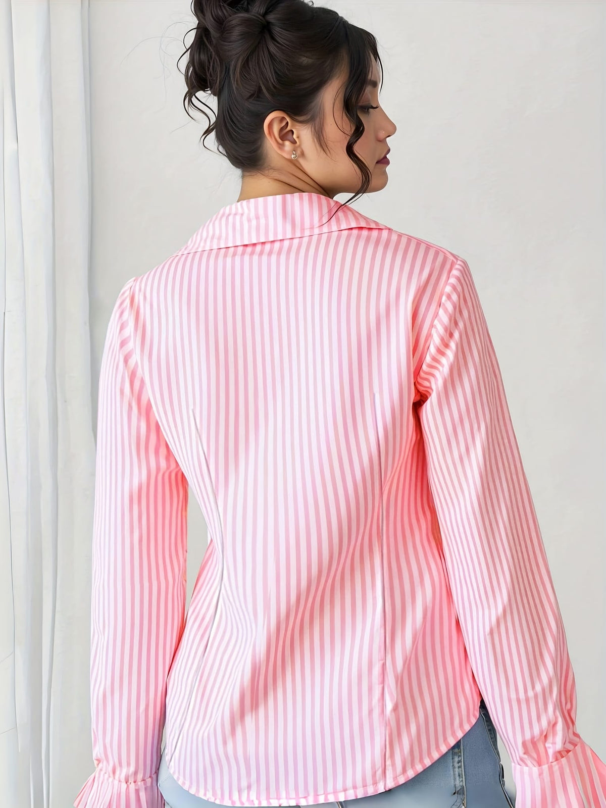 KissICON Plus Size, Women's Plus Size Elegant Blouse - Non-See-Through V-Neck Button-Front Shirt Blouse in Pink &, Office,, Travel - Machine Washable Formal & Everyday Women's Professional Attire, Office Wear, Classic Stripes, Durable