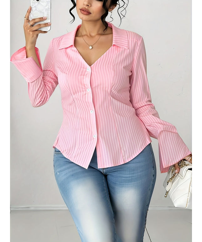 KissICON Plus Size, Women's Plus Size Elegant Blouse - Non-See-Through V-Neck Button-Front Shirt Blouse in Pink &, Office,, Travel - Machine Washable Formal & Everyday Women's Professional Attire, Office Wear, Classic Stripes, Durable
