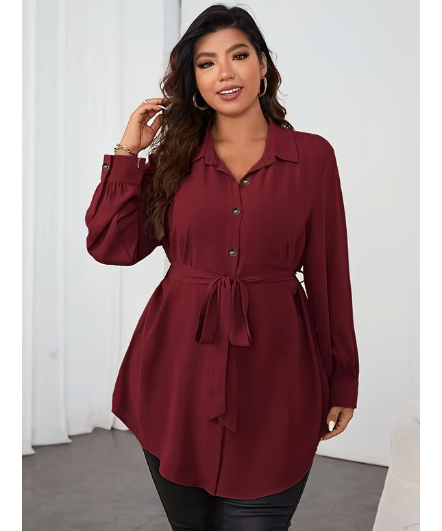 KissICON Plus Size, Women's Plus Size Elegant Burgundy Red Long Sleeve Shirt with Belted Waist & Collar - Structured H-Line Fit, Solid Color Formal & Semi-Formal Blouse for Spring/Fall, Machine Washable, Deep Red Shirt for Women, Belt