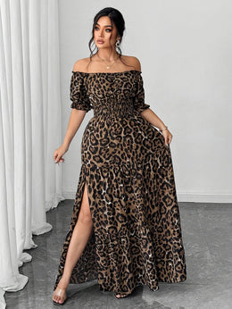 jkthpu-45 Plus Size, Women's Plus Size Elegant Faux Denim Off-Shoulder Maxi Dress - Shirred Ruched Waist with Side Slit, Lantern Short Sleeves & Flared Hem, Machine Washable Casual to Formal All-Season Dress