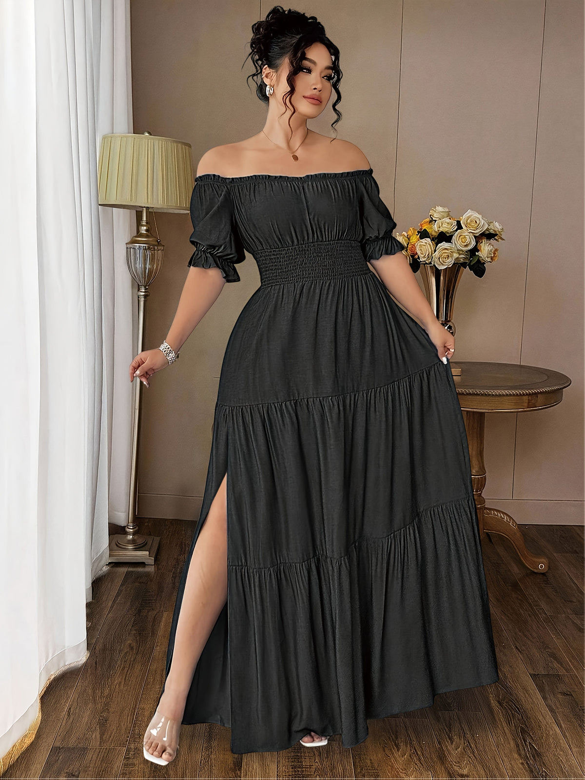 jkthpu-45 Plus Size, Women's Plus Size Elegant Faux Denim Off-Shoulder Maxi Dress - Shirred Ruched Waist with Side Slit, Lantern Short Sleeves & Flared Hem, Machine Washable Casual to Formal All-Season Dress